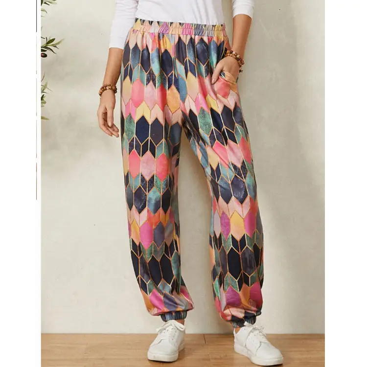 Women's High Waist Loose Wide Leg Pants Vintage Geometric Print