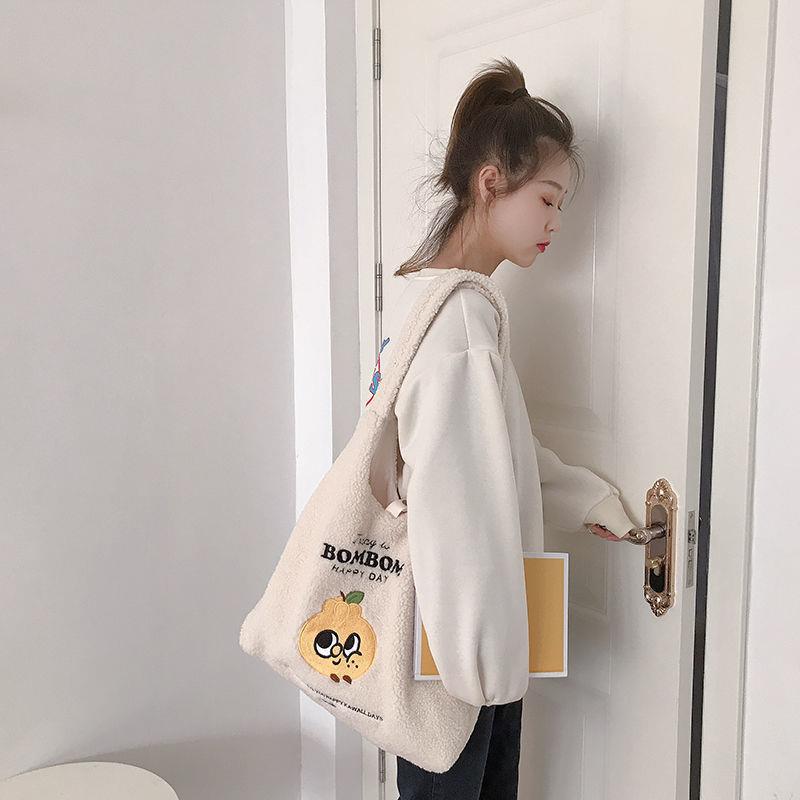 High capacity Shoulder Bag Embroidered With Lambskin And Bear Orange - Shop at LoveMi