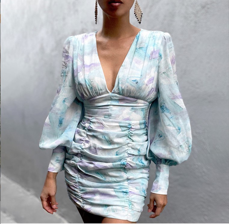 Printed V-neck Wrap Chest Temperament Bubble Sleeve