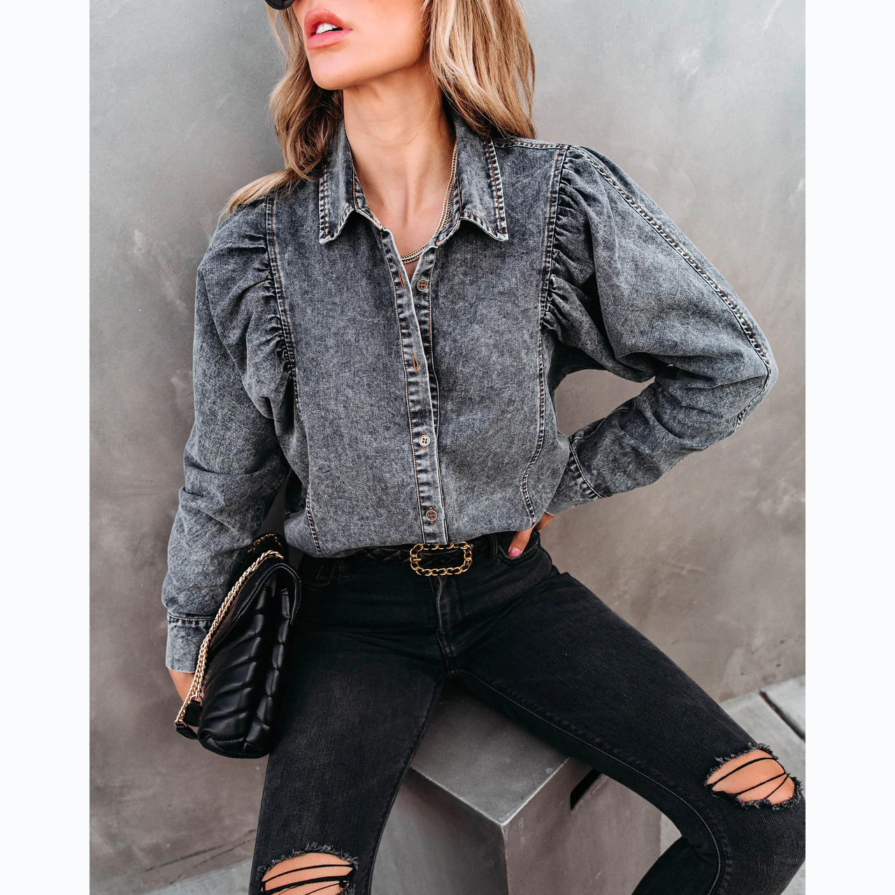 Casual Fashion Street Style Denim Shirt Female Grey - Shop at LoveMi