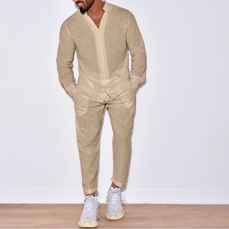 Men's Linen Solid Color Lounge Suit Long Sleeves - Image 2