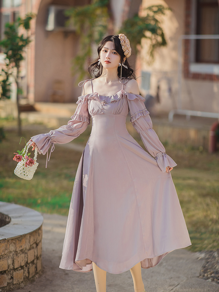 Vintage French Sling Neck Dress Lilac