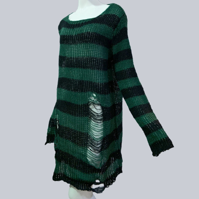 Title 2, Womens Striped Loose Knitwear With Ripped Mid-l...