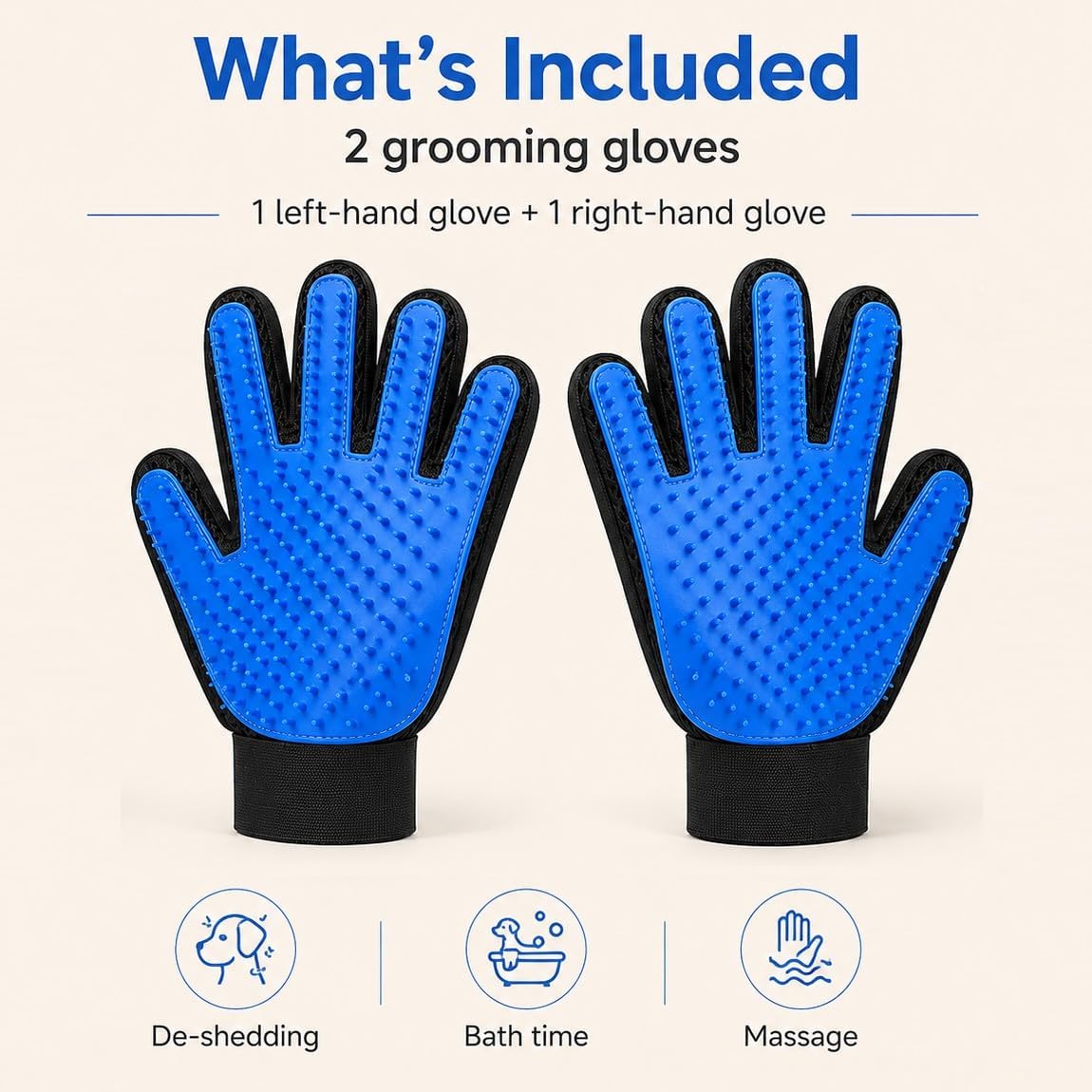 Pet Hair Removal Gloves 2 Pack, Blue Grooming Gloves For Dogs And Cats, Deshedding And Massage Gloves For Loose Fur