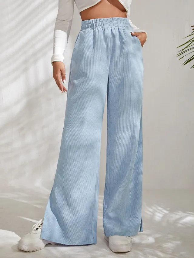 Women's High Waist Casual Pants Solid Color Corduroy Stitching Slit Hem Trousers Light Blue - Shop at LoveMi