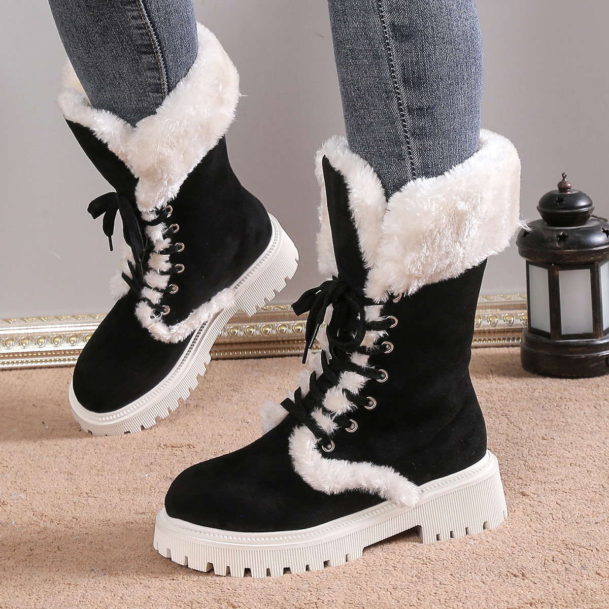 Winter Lace-up Snow Boots For Women Mid-tube Fleece Shoes Warm Chunky Heels Plush Boot - Image 3
