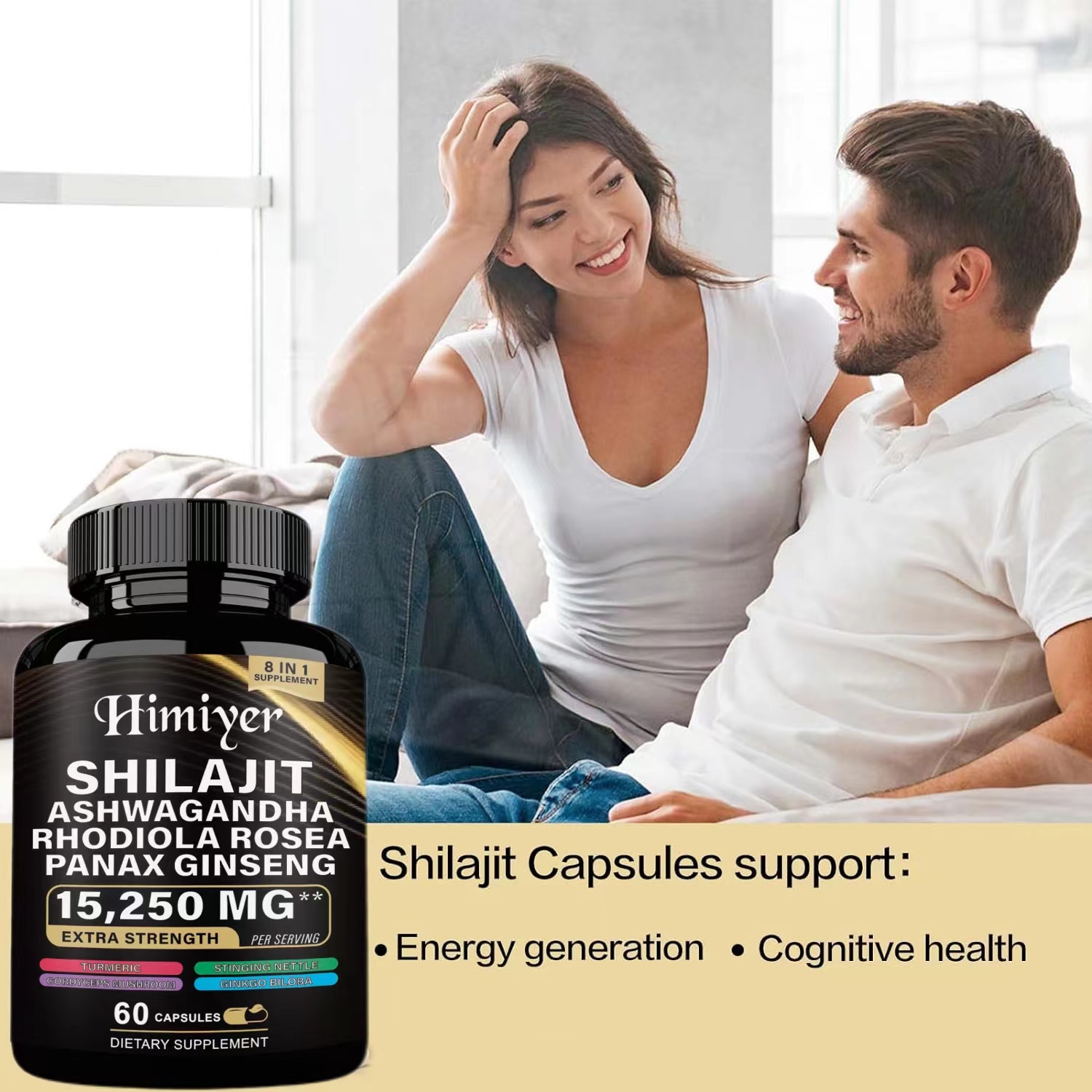 Multi-Herbal Energy Boost Supplement Capsules - 60 count - Introducing our revolutionary Nature's Synergy Formula, a comprehensive combination of Shilajit Pure Himalayan, Ashwagandha, Rhodiola Rosea, Panax Ginseng, Gingko Biloba, enriched with 8 potent in