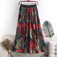 Floral Floral Skirt Female High Waist Slimming A-line Chiffon Printed Pleated Skirt Mid-length - Dark Blue - View 1
