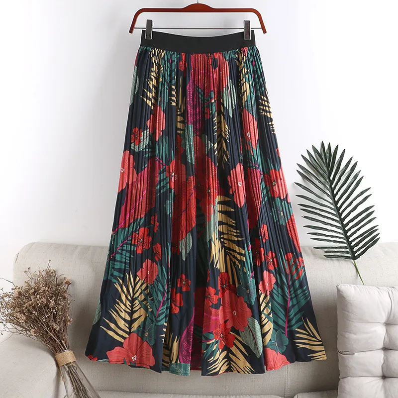 Floral Floral Skirt Female High Waist Slimming A-line Chiffon Printed Pleated Skirt Mid-length - Dark Blue