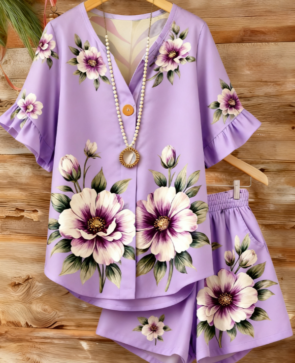Printed V-neck Women's Long-sleeved Shirt  Shorts Set