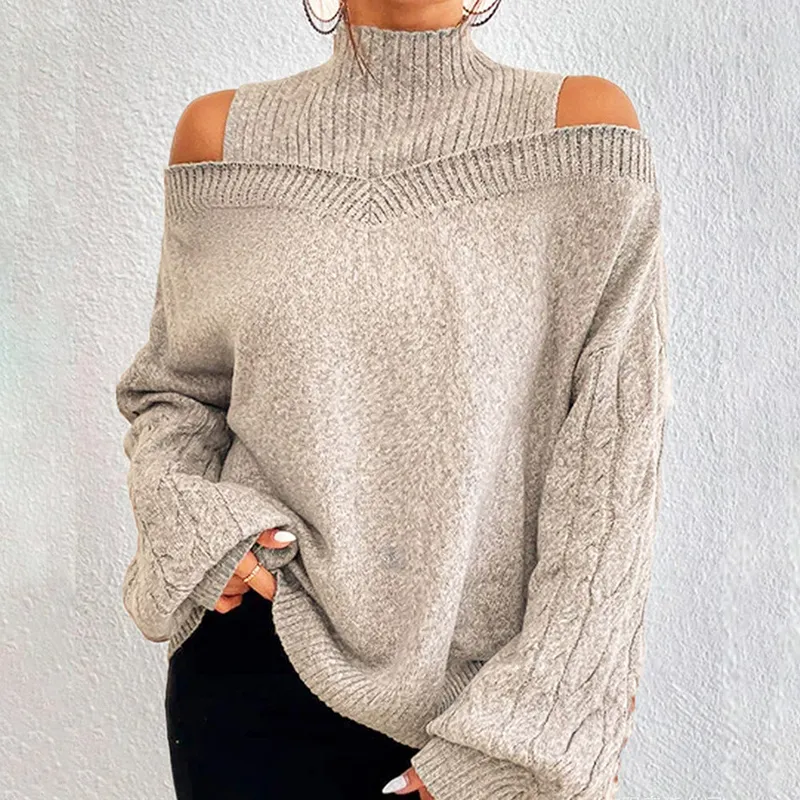 Women's Cold Shoulder Sweater - Sexy High Neck Cut Out Pullover Long Sleeve Top - Apricot
