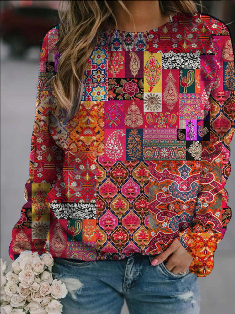 Ladies Pullover Round Neck Casual Long Sleeve Printed T-Shirt
