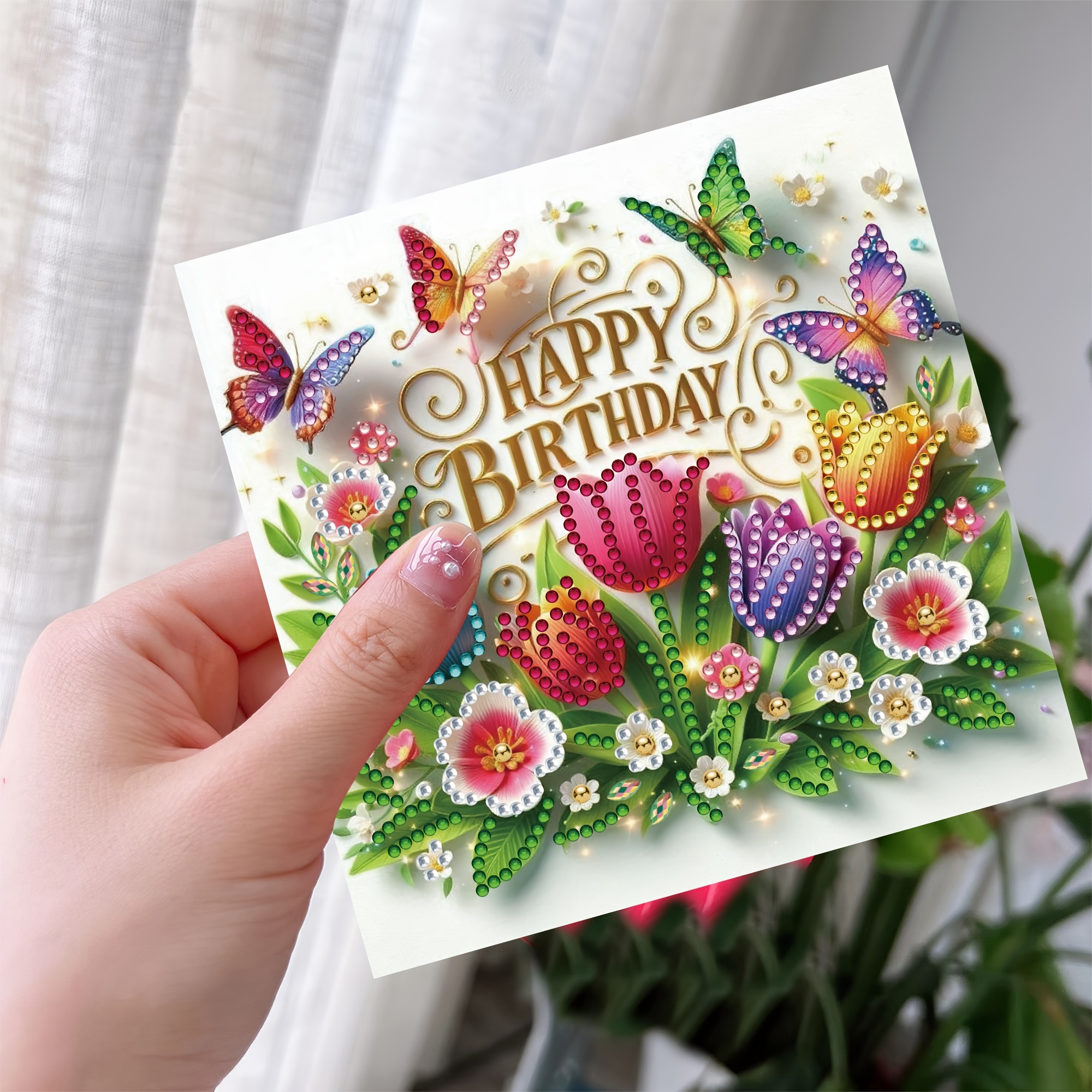 DIY Diamond Painting Kit Birthday Card Kit, Unique Flower Pattern Design, Rhinestone Diamond Painting Art Mosaic Postcards, Holiday Greeting Cards Perfect For Families, Friends, And Lovers, H