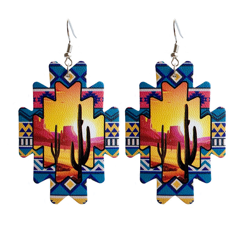 European And American PU Personality Aztec Sunflower Earrings