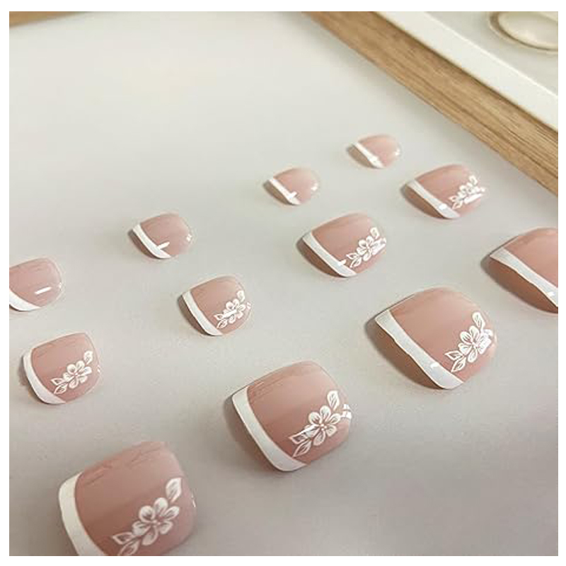 24PCS White Flowers Press On Toenails, French Tip Short Square Fake Toe Nails Full Cover ,Glue On Toenails Floral Designs False Toe Nails For Women Stick On Toenails
