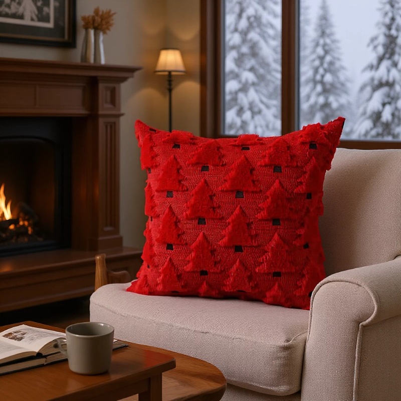 Husă pentru pernă decorativă în formă de brad de Crăciun, husă decorativă 3D din pluș cu motiv de brad, husă pentru pernă în stil rustic pentru sărbătorile