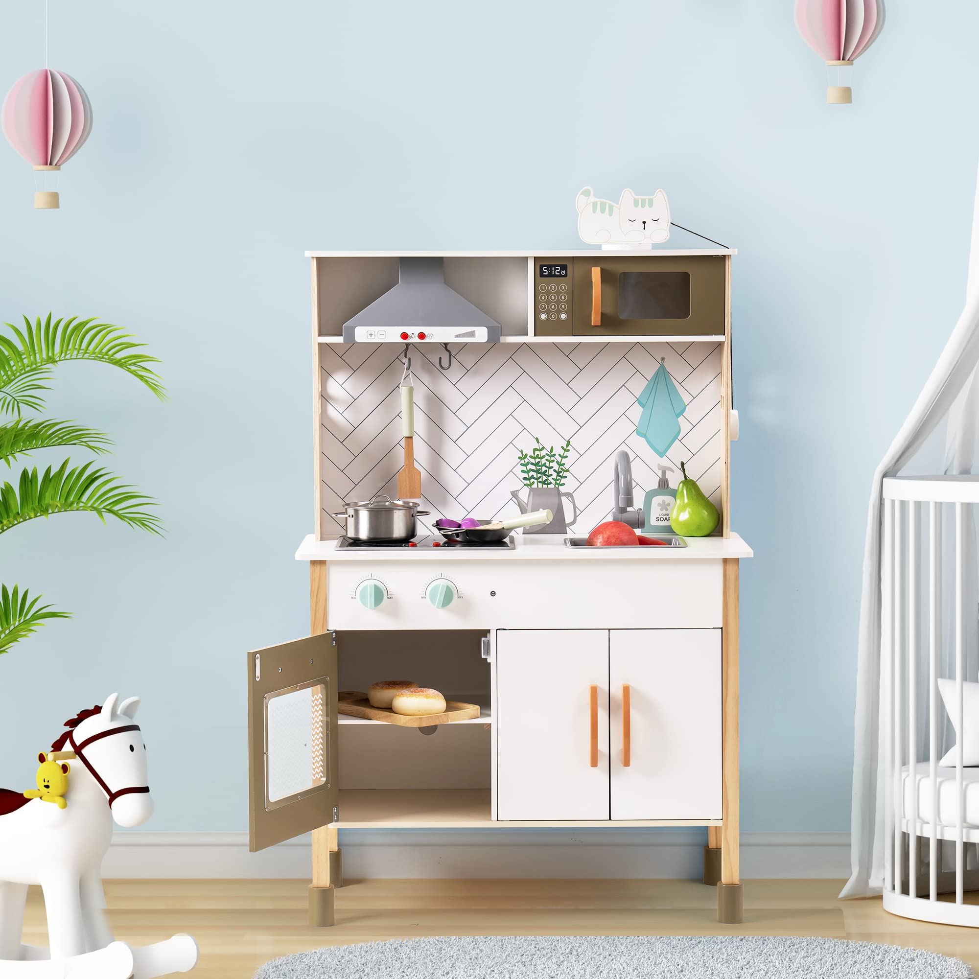 3D Wooden Play Kitchen Set for Toddlers. Material:Wood Size:27.6 x 11.6 x 40.6 inches Color:White Style:Modern Brand:ROBOTIME Product Dimensions:27.6 x 11.6 x 40.6 inches Item Weight:24 pounds Country of Origin:China About this item ️100%WARRANTY SERVICE️