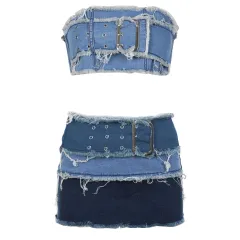 Washed And Brushed Short Wrap Hip Half Skirt Set For Women - Zh5376 Set-M - View 1