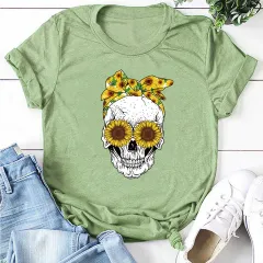 Bandana Sunflower Sunglasses Skull Print Short Sleeve T-shirt - Light Green - View 1