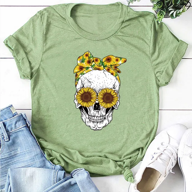 Bandana Sunflower Sunglasses Skull Print Short Sleeve T shirt Light Green - Shop at LoveMi
