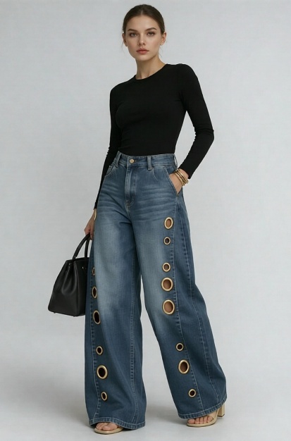 Grommet Jeans jambes larges Femmes Taille haute Vintage délavé Baggy Denim Pantalons US Warehouse Ready Stock
