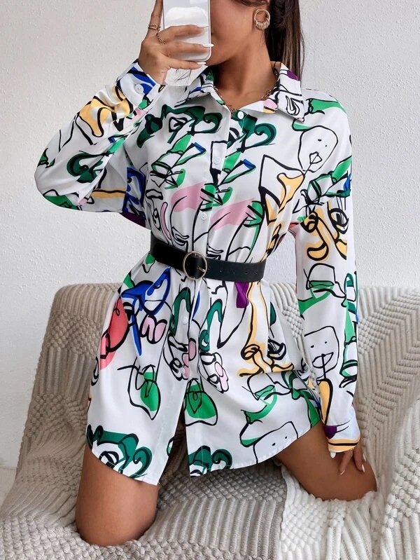 Ladies Fashion Belt Shirt Print Dress