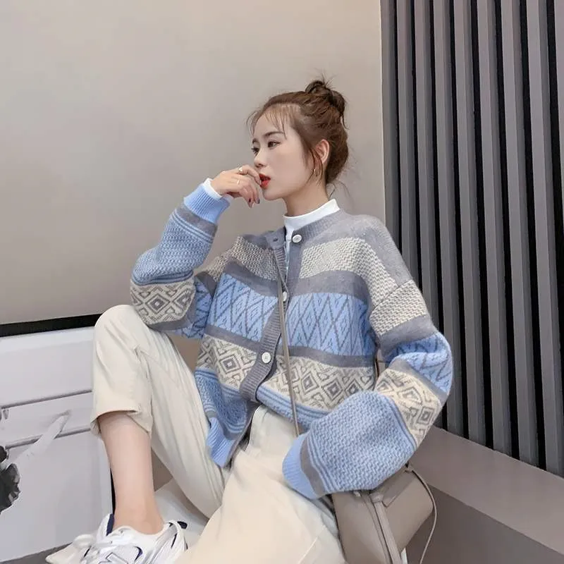 Design Sense Niche Round Neck Knitted Cardigan Top Coat - Grey