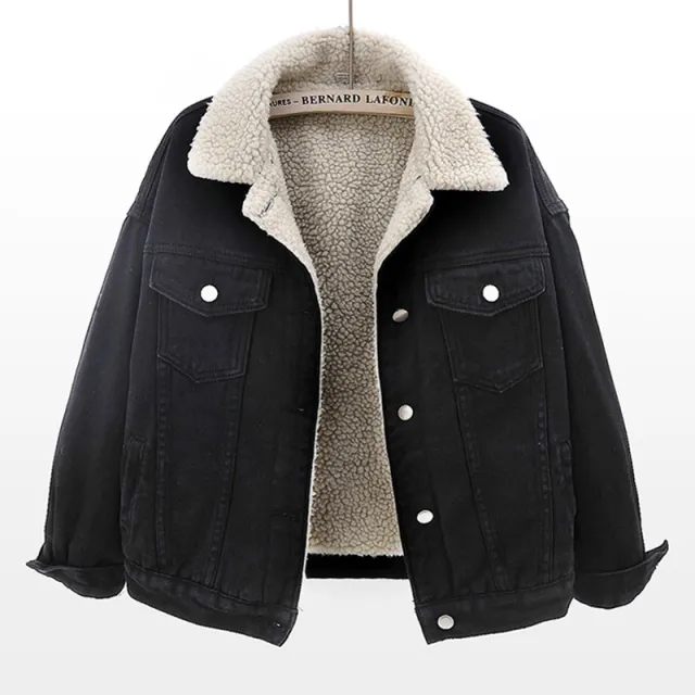 Lamb Wool Thickened Plus Velvet Denim Jacket Women Black - Shop at LoveMi