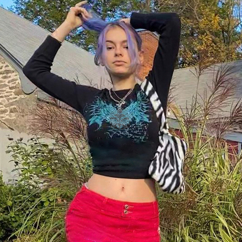 Street Hot Rhinestone Print Hit Color Cropped Short Long-sleeved Top