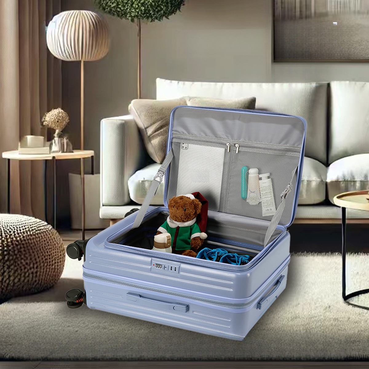 Front Opening Expandable Carry On Luggage, Large And Medium Sized Cabin Bag, Made Of Alloy Material, TSA Lock, USB Charging Port, Foldable Cup Holder view 3