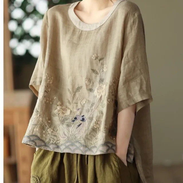 Art Retro Embroidery Top Colored Round Neck Pullover Khaki - Shop at LoveMi
