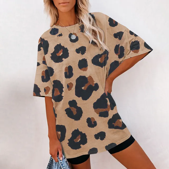 Women's Short Sleeve Temperament Leopard Print Loose Round Neck T shirt Brown - Shop at LoveMi