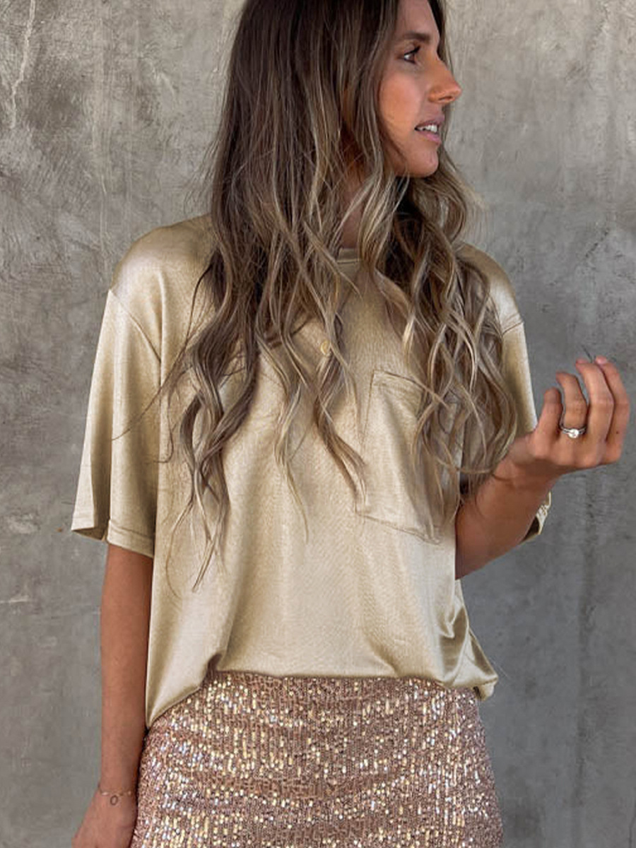 Solid Color Chest Pocket Loose Design Short Sleeve