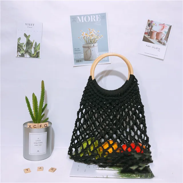 Hand held Cotton Thread Bag Mesh Hollow Unlined Straw Bag Black - Shop at LoveMi