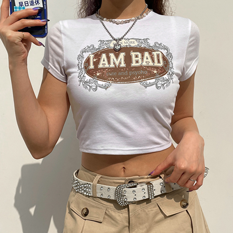 Alphabet Print Crew Neck Short Sleeve Cropped Navel Top