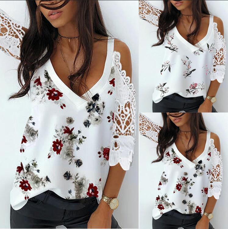 Printed Lace Stitching Short Sleeve Off-shoulder