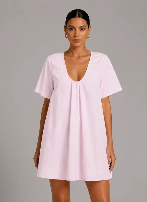 Gathered Deep V Short Sleeve Loose A-Line