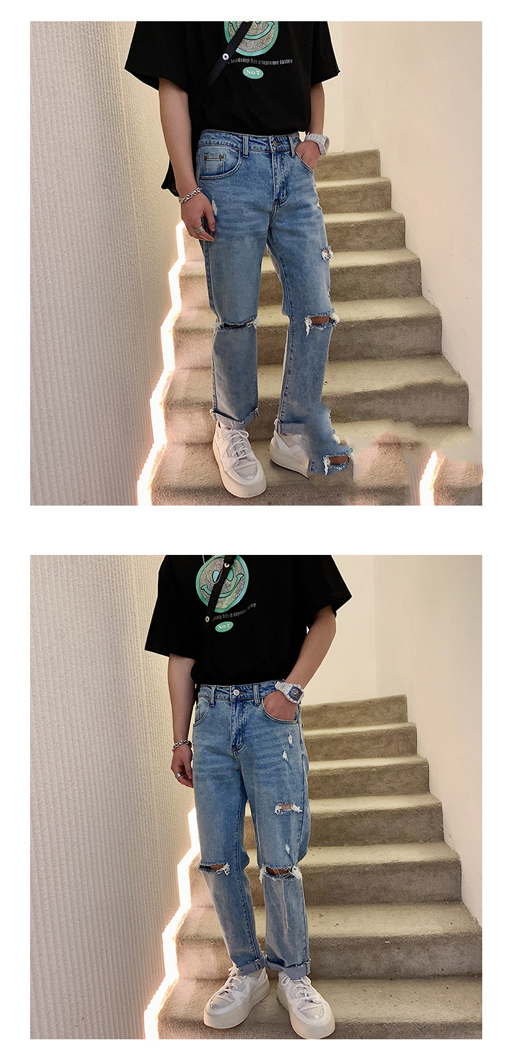 Ripped Jeans Men's Loose Straight-leg Japanese Retro Nine-point Beggar Pants
