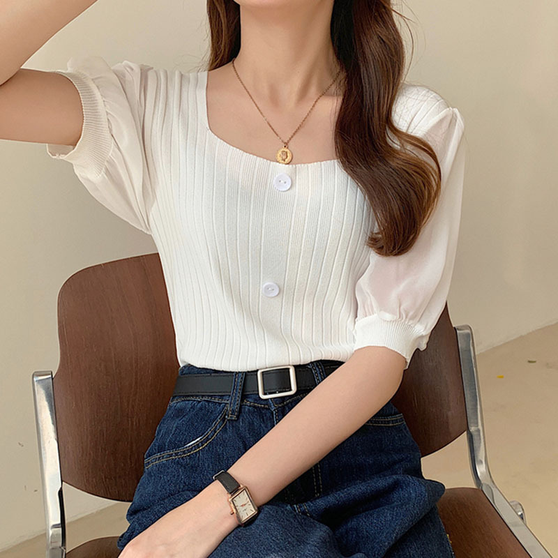 Title 4, Sleeves Splicing Square Neck T-Shirt Tops Fashi...