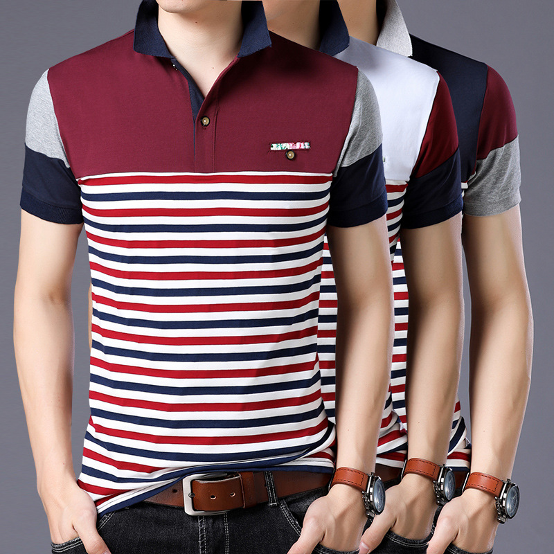 Plus Size Men's Summer New Short-sleeved T-shirt Trendy Korean Striped Lapel T-shirt