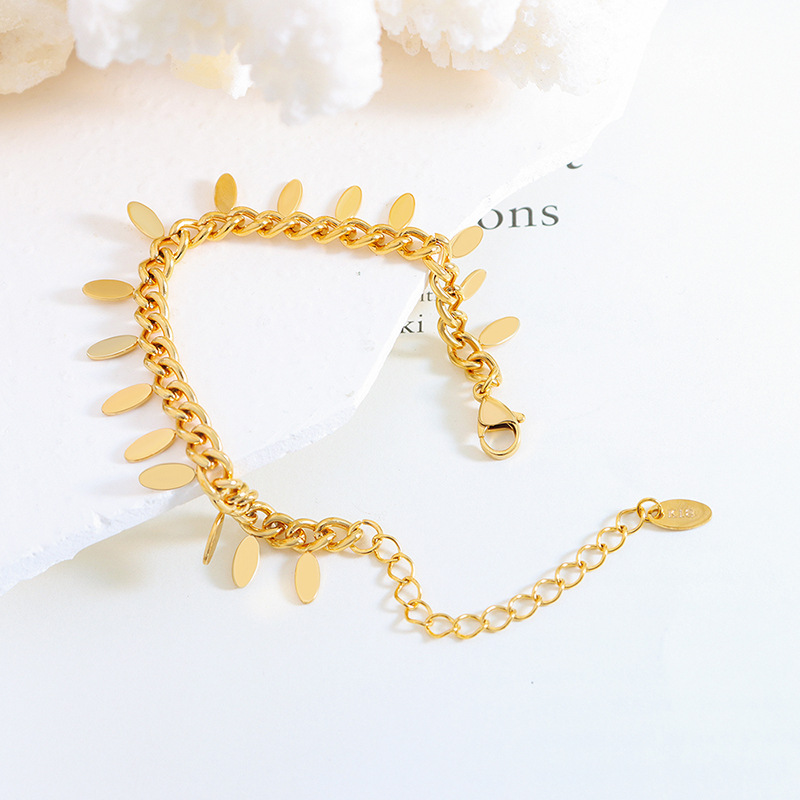 Thai Style Personalized Simple Leaf Tassel Bracelet Titanium Steel Plated 18k Gold