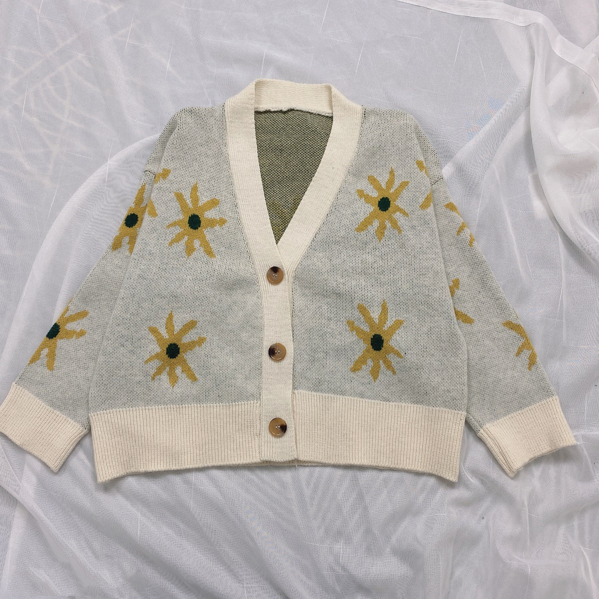 Title 2, College Wind Sunflower Knitted Jacket Loose V-n...