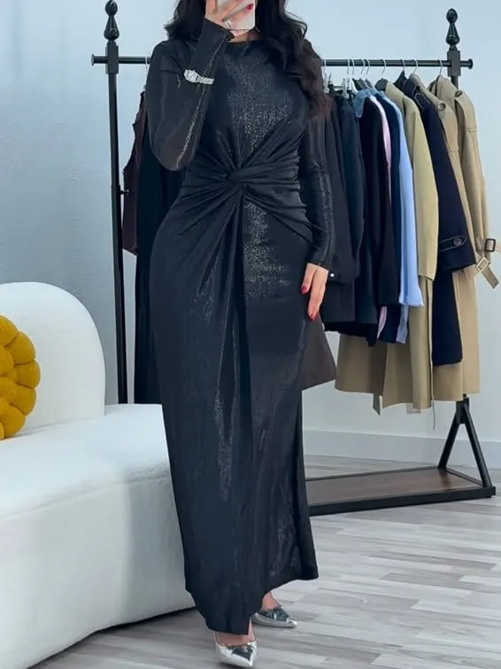 Metallic Maxi Dress With Twist Front Detail And Long Sleeves Black - Shop at LoveMi