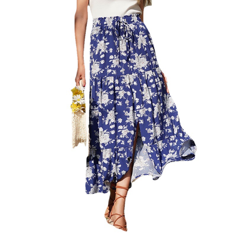 Elastic Print Slit Floral Pleated Skirt Blue - Shop at LoveMi