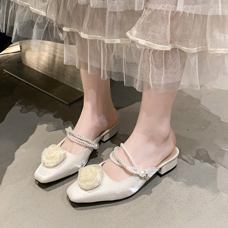Women Square Toe Satin Mule Flats 3D Fabric Rose Ornament Double Pearl Chain Strap Low Block Heel Backless Slip On Mules Romantic Fairy Closed Toe Slide Shoes For Daily Party 1