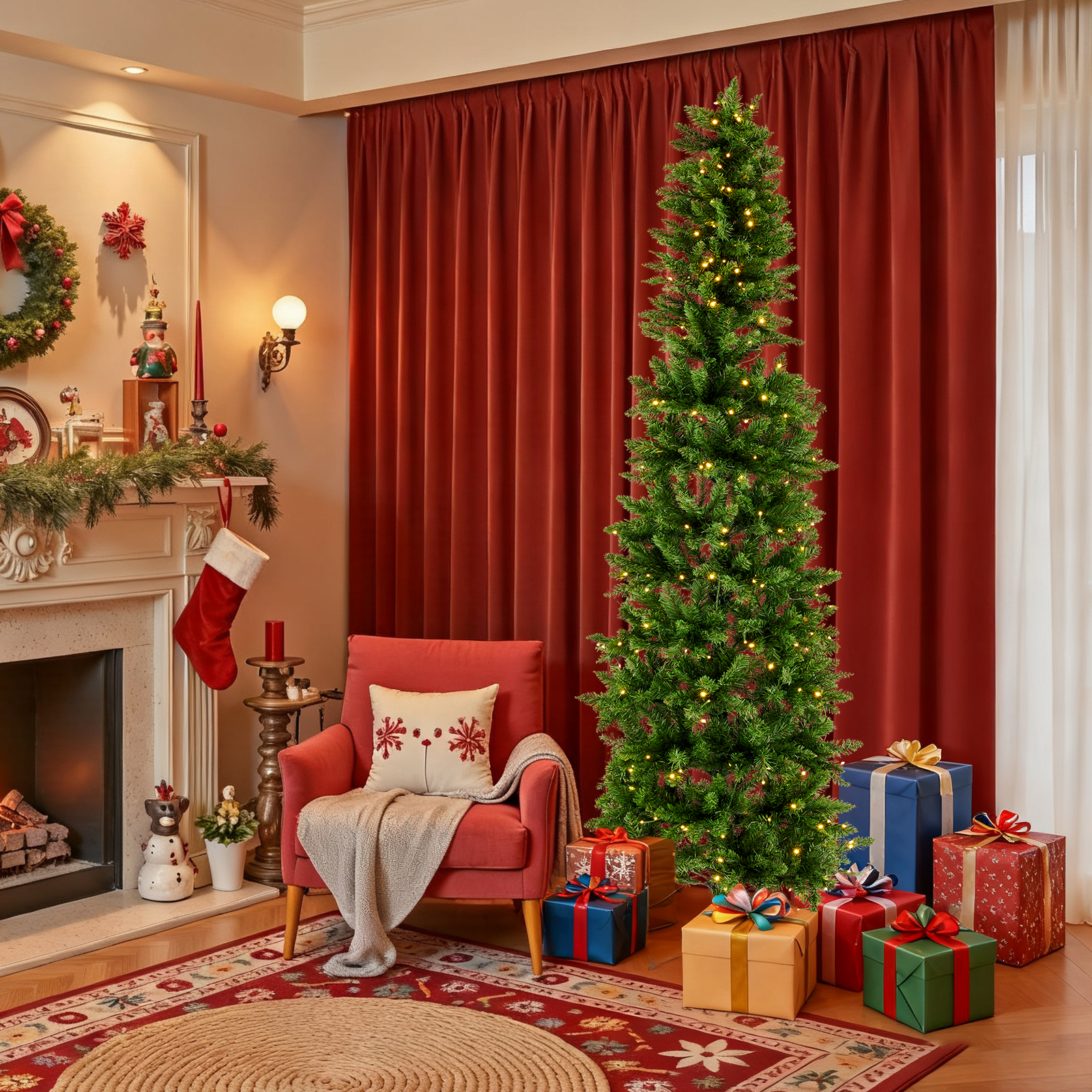 Pencil Christmas Tree, Prelighted Artificial Slim Christmas Trees With 250 Incandescent Lights, 571 Branch Tips & Foldable Base image 9