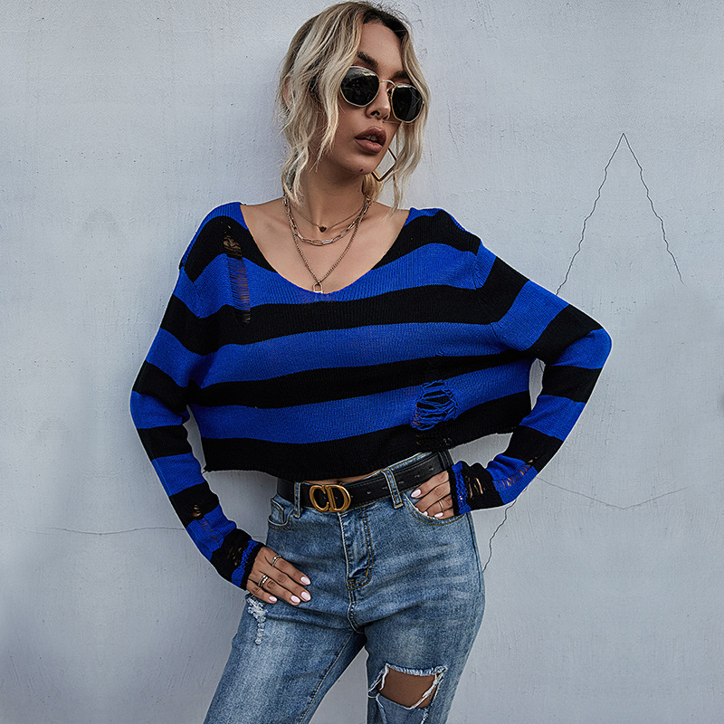 Title 5, New Big V-neck Striped Sweater Ripped Knit Swea...