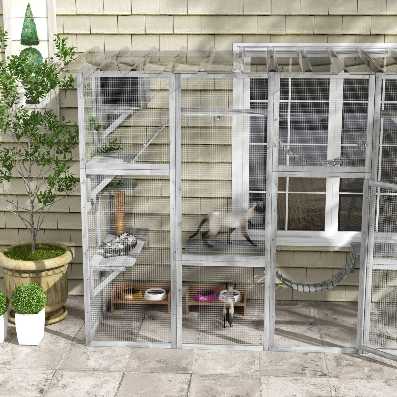 Playground Cat Window Box Outside Enclosure For Multiple Cats W Shelves & Bridges, Gray
