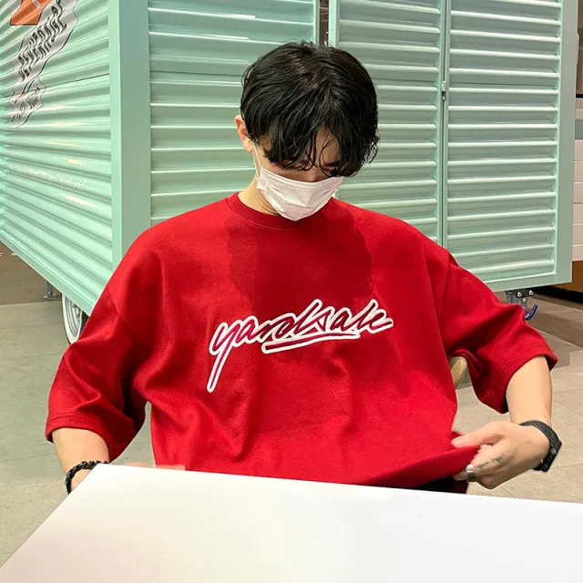 Round Neck Cotton Letter Embroidery Half Sleeve Couple T Shirt Red - Shop at LoveMi