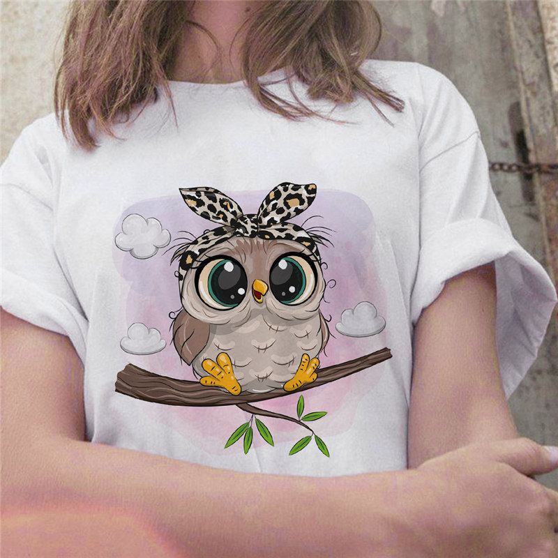 Women's Cartoon Owl Hand-painted Print Short Sleeve